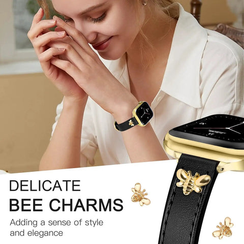 Premium Slim Genuine Leather Apple Watch Band With Chic Bee Charms on woman's wrist, stylish and comfortable fit for daily wear.