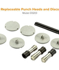Replaceable punch heads and discs for Extreme Duty Two To Three Hole Punch With High Leverage Handle and Precision Steel Punch Heads.