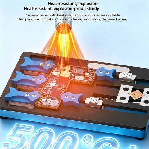 Grab And Go Adjustable Jaw Clamp Fixture For Motherboards And PCBs under heat lamp, showing heat resistance and clamping mechanism.
