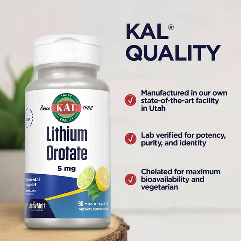 Lithium Orotate ActivMelt 5mg Lozenges Instant Dissolve Chelated Chill Mood Support For Easy Absorption Natural Lemon Lime Flavor 90 Servings 90 Micro Tablets bottle on a table