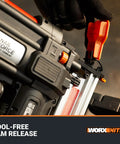 Close-up of tool-free jam release on 20V 18GA Cordless Brad Nailer Nail Gun For Trim Molding And Baseboards Up To 2 Inches Battery Powered