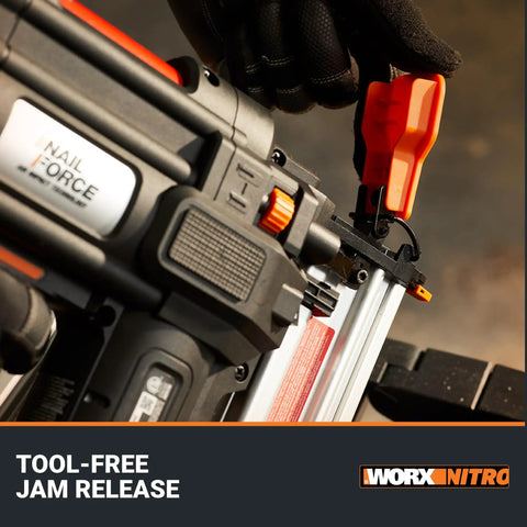 Close-up of tool-free jam release on 20V 18GA Cordless Brad Nailer Nail Gun For Trim Molding And Baseboards Up To 2 Inches Battery Powered