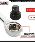 Close-up of 120 Tooth Ratchet Set with socket detail, showing 3-degree swing arc, ergonomic handle, and gear mechanism