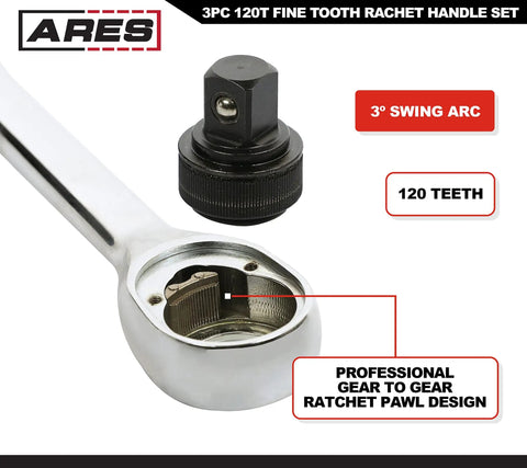 Close-up of 120 Tooth Ratchet Set with socket detail, showing 3-degree swing arc, ergonomic handle, and gear mechanism