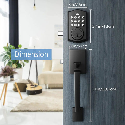 Matte Black Keypad Door Lock With Keyless Entry And Anti Peeking Password Auto Lock 50 Access Codes, dimensions illustrated