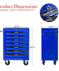 Beast Seven Drawer Rolling Tool Chest For The Garage With Ball Bearing Slides Lockable, dimensions shown, black and blue.