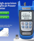 Blue handheld optical power meter with LCD display showing -50.0 dBm and blue keypad; includes FC-LC adapter