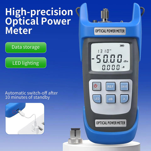 Blue handheld optical power meter with LCD display showing -50.0 dBm and blue keypad; includes FC-LC adapter
