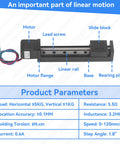 Rock Solid Manual Linear Rail Slide Table With 100mm Stroke And 28 Stepper, Ideal Linear Stage For CNC Router Parts X Y Z Motion, Rugged Guide Rail System Delivers Quiet, Precise Movement. labeled manual linear rail slide table with motor, lead screw, and specs