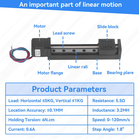 Rock Solid Manual Linear Rail Slide Table With 100mm Stroke And 28 Stepper, Ideal Linear Stage For CNC Router Parts X Y Z Motion, Rugged Guide Rail System Delivers Quiet, Precise Movement. labeled manual linear rail slide table with motor, lead screw, and specs