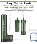 Electric Water Filter Replacement Set With 2 Pre-Filters And 1 Post-Filter For MINI-Electric-Straw-01 shown with easy flush method.