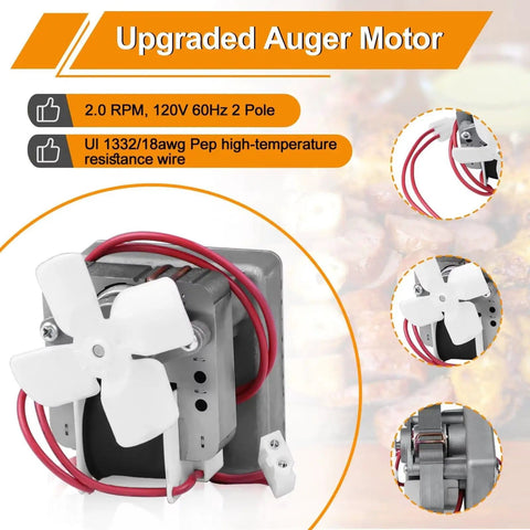 2.0 RPM Auger Motor Replacement For Wood Pellet Grills 120V 60Hz 2 Pole shown with red wires and fan blades