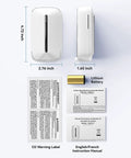 The Real Deal Plug In CO Gas Detector With 10 Year Sealed Battery Plus AC Backup showing dimensions, warning labels, and manual.