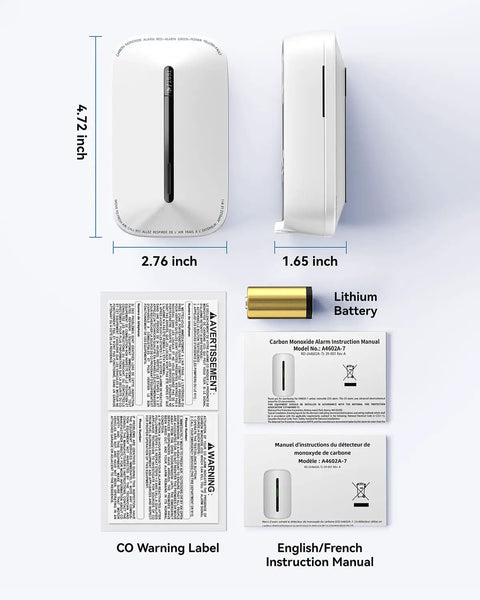 The Real Deal Plug In CO Gas Detector With 10 Year Sealed Battery Plus AC Backup showing dimensions, warning labels, and manual.