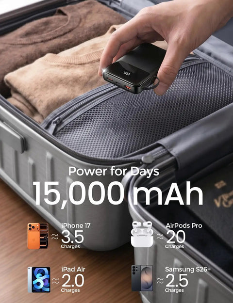 No Fuss Ultra Compact 15000 Mah Portable Charger With Built In Cables held above packed suitcase, showcasing convenience for travel.
