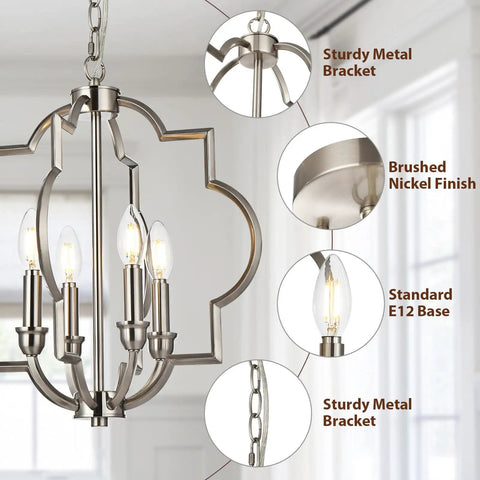 Brushed Nickel 4-Light Farmhouse Chandelier With Geometric Orb Pendant Adjustable Height Ceiling Light close-up details