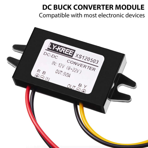 12V To 5V Buck Converter USB Module Three Pack For Car Use Converts DC To 5V Up To 3A 15W High Efficiency 96 Percent Wire Interface Power Adapter Easy Plug And Play Ride Ready Automotive Power Solution, showing front view with wires.
