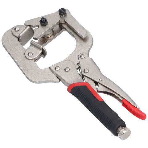 Heavy Duty Chrome Steel Welding Clamps With 360 Degree Rotation For Versatile Metalworking Pipe Joining And Wood Column Fixing Jobs Onsite, close-up view.