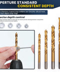 All In One Doweling Jig Kit And Biscuit Jointer Set showing titanium drill bits with depth stops for precision woodworking.