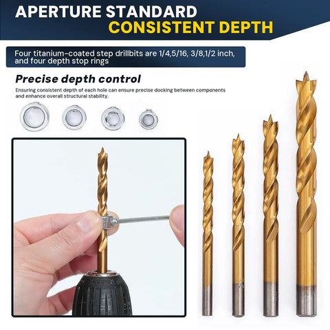 All In One Doweling Jig Kit And Biscuit Jointer Set showing titanium drill bits with depth stops for precision woodworking.