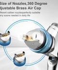 High Volume Low Pressure Spray Gun Kit With Three Included Nozzles Size 1.4 1.7 And 2.0 Millimeters showing brass nozzles from different angles.