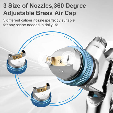 High Volume Low Pressure Spray Gun Kit With Three Included Nozzles Size 1.4 1.7 And 2.0 Millimeters showing brass nozzles from different angles.