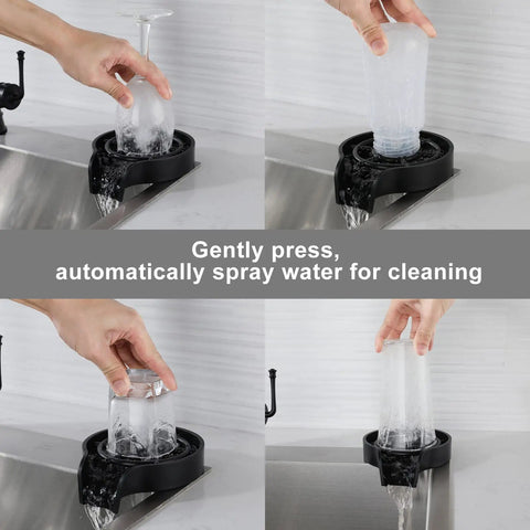 Glass Rinser For Kitchen Sink With Faucet, Bottle And Cup Washer, 360 Degree Water Spray, Black Finish in use with glassware
