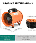 Beefy Industrial Portable Air Blower Fan With 16Ft Duct Hose 8 Inch Heavy Duty Cylinder Axial Fan 230W specifications