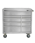 Top Shelf 9 Drawer Stainless Steel Tool Cabinet Rock Solid Rolling Chest Premium 304 Build, front view with smooth surface.
