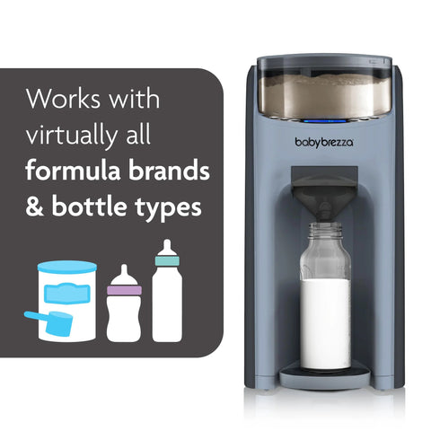 Front view of Baby Brezza Formula Pro Advanced formula dispenser in slate gray with bottle under the spout