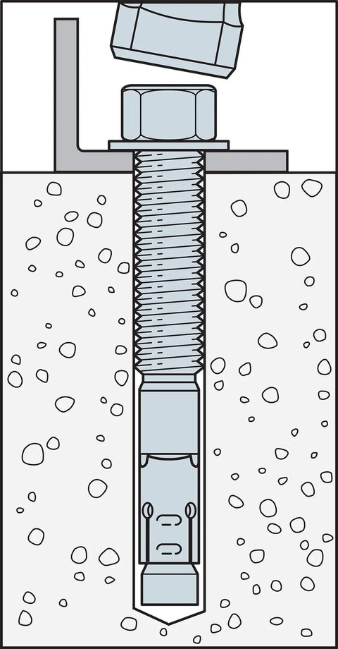 Heavy Duty Stainless Steel Wedge Anchors One Half In By Five Half In For Concrete Brick Cement Rock Solid Contractor Grade Fasteners Fully Assembled No Sweat Install Tough As Nails Performance Pack Of Two shown installed in concrete.