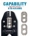 Pro Grade Lug Crimping Tool Kit For Battery Cables, 8 AWG To 4/0 with heavy duty crimper and die sets displayed