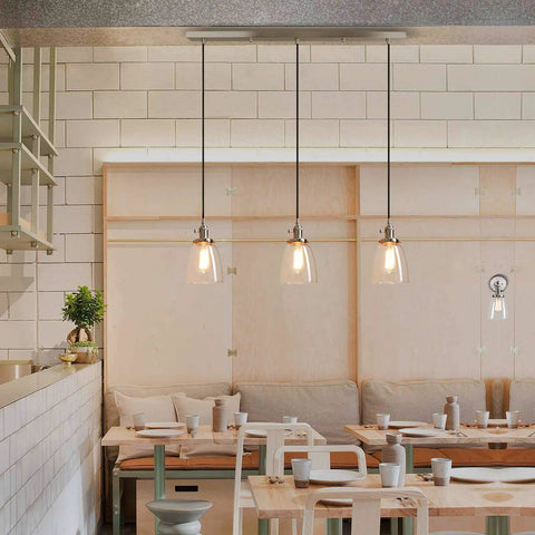 Three Light Industrial Pendant Lighting for Kitchen Island with Oval Clear Glass Shades, Brushed Steel Ceiling Fixture