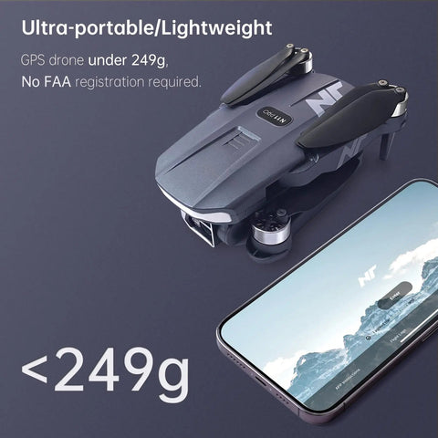 Ultra-portable 4K UHD GPS Drone With Camera For Adults And Newbies next to a smartphone display, weighing under 249g.