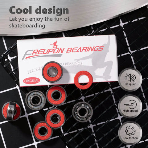 Skateboard Bearings Set Eight Pack High Speed 608RS ABEC9 Longboard Bearings displayed on black grid surface