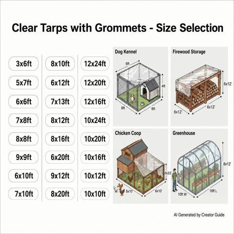Size selection chart for 3X6 Ft 14 Mil Heavy Duty Clear Tarp With Zinc Grommets And Heat Sealed Borders, Waterproof Pvc Vinyl Cover.