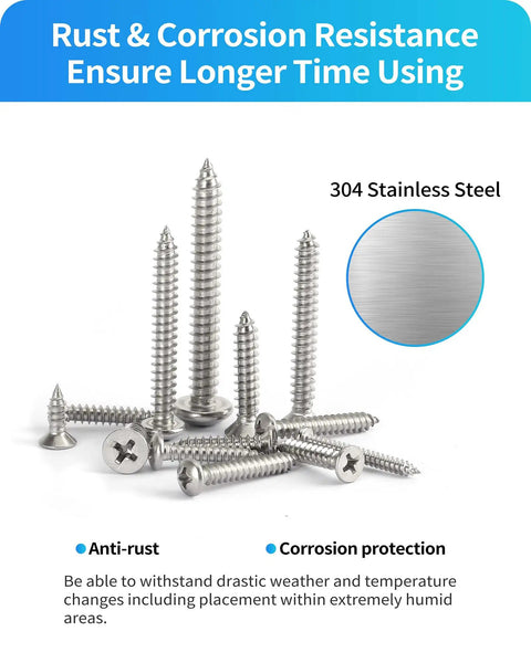 Stainless Steel Self Tapping Screws Assortment Kit 560 Pcs M3 M4 M5 M6 Flat Head And Round Head Phillips Drive Wood Screws For Home Improvement And DIY Projects Silver, showing rust resistance and 304 stainless steel material