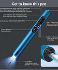 Front view of blue aluminum cordless engraving pen with USB-C charging and 3 LED work lights