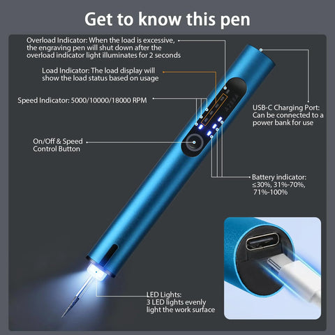 Front view of blue aluminum cordless engraving pen with USB-C charging and 3 LED work lights