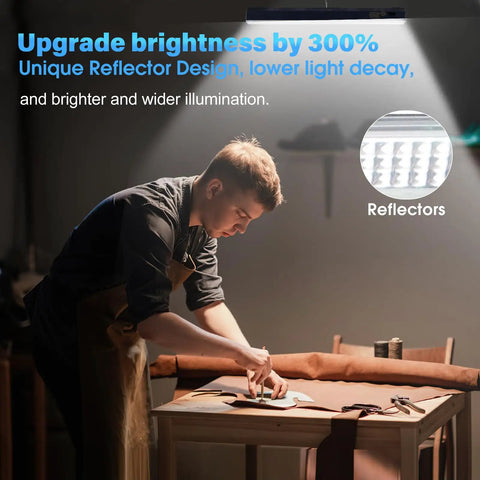 Person working under Kickin Bright Magnetic LED Work Light, 15.75 Inch, 8000 Lumens, battery level display, wide angle beam