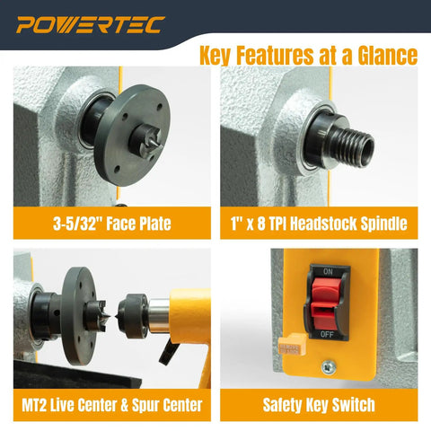Powerful 10 Inch X 18 Inch Benchtop Mini Wood Lathe With Cast Iron Body, featuring face plate, headstock spindle, and safety switch.