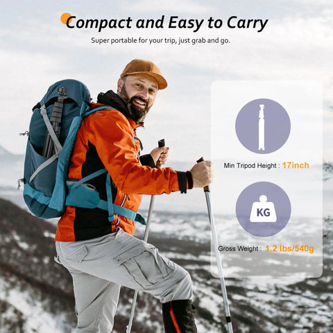 Hiker with orange jacket carrying Phone Tripod Kit With Wireless Remote for Smartphones and Cameras, 62 Inch Selfie Stick on snowy trail