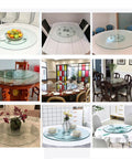Tempered Glass Lazy Susan Turntable on dining tables, various settings, 39.4 Inch Diameter, swivel assist, anti-tip design