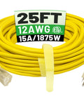 Heavy Duty 25 Foot Outdoor Extension Cord 12 Gauge 3 Conductor SJTW Waterproof With Lighted End coiled with plug visible