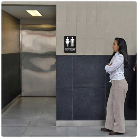Woman standing near ADA Braille Unisex Bathroom Sign With Double Sided 3M Tape ABS Plastic Gender Neutral Restroom Sign For Offices And Restaurants 9 By 6 Inches Sleek Modern Mountable Office Sign For Biz Spaces on wall beside restroom door.