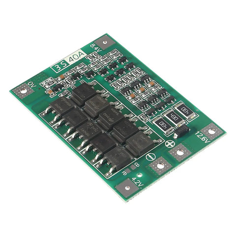 Rock Solid 3S 12V 40A BMS Protection Board for 18650 Lithium Cells displaying circuit components and connections.