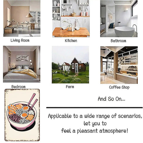 Vintage Ramen Bowl Metal Sign Tin Wall Art 8x12 Inches in various room settings including living room, kitchen, and coffee shop.