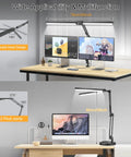 2 In 1 LED Desk Lamp With Clamp, 24W Ultra Bright Table Lamp, Dual Head Design on desk with dual monitors, showing clamp setup.