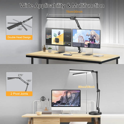 2 In 1 LED Desk Lamp With Clamp, 24W Ultra Bright Table Lamp, Dual Head Design on desk with dual monitors, showing clamp setup.