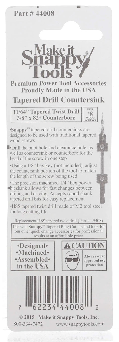 The Real Deal Heavy Duty Hss Tapered Drill Countersink Bit With One Quarter Inch Hex Shank For Eight Tapered Wood Screws And Pilot Holes Three Eighth Inch 82 Degree Counterbore Shop Staple Replaces Part 44011 packaging showing specifications and features.